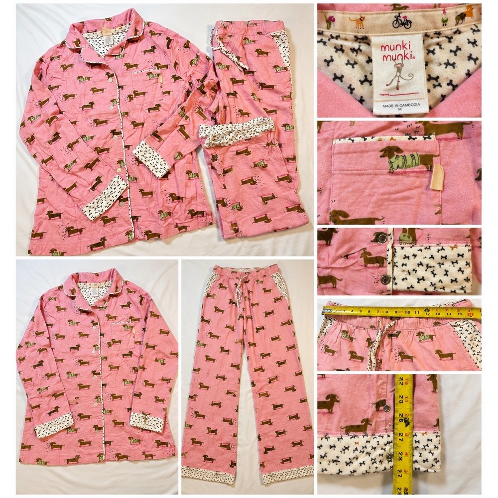 Munki Munki Pink Dachshund Dog Bamboo Cotton Pajama Set Womens Medium